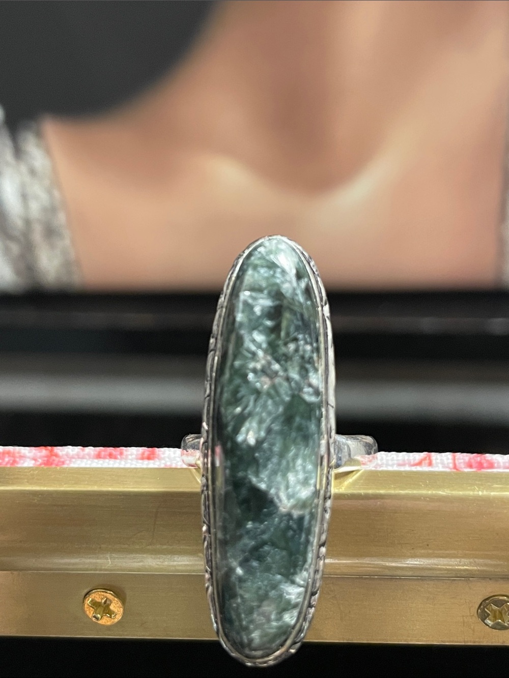 Silver Long Oval Green Stone Ring (925 Silver Plated)